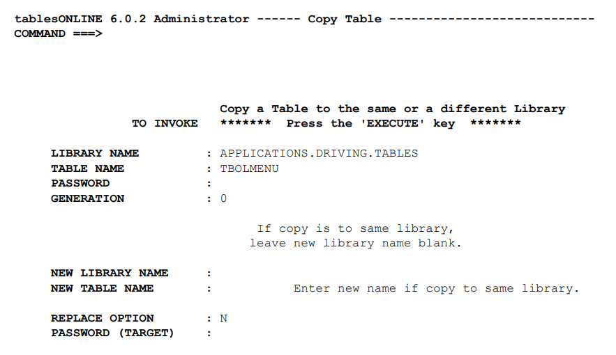 Copy Table Screen