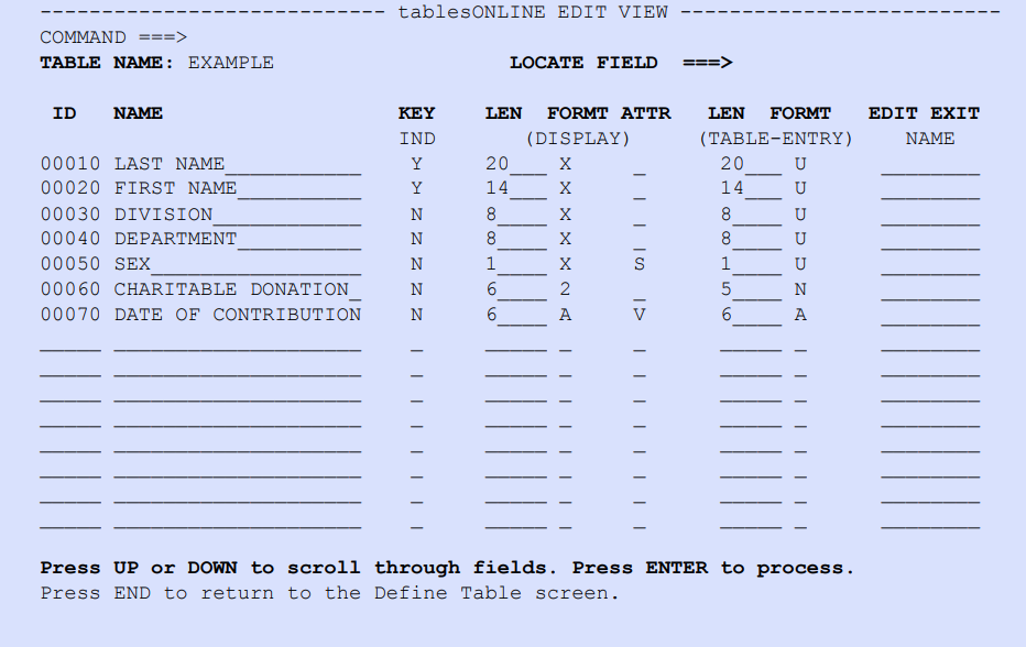 tablesONLINE EDIT VIEW Screen