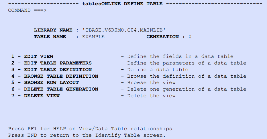 tablesONLINE DEFINE TABLE Screen