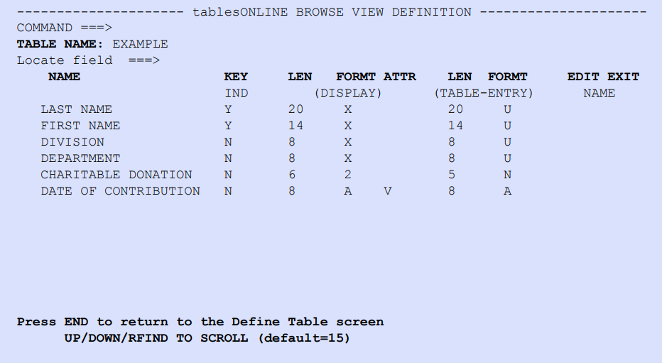 tablesONLINE BROWSE VIEW DEFINITION Screen