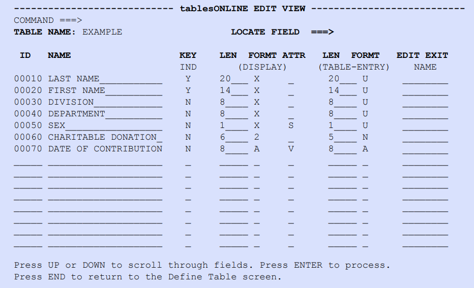 tablesONLINE EDIT VIEW Screen