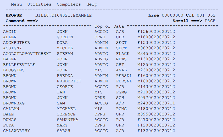 tablesONLINE Browse EXAMPLE Screen