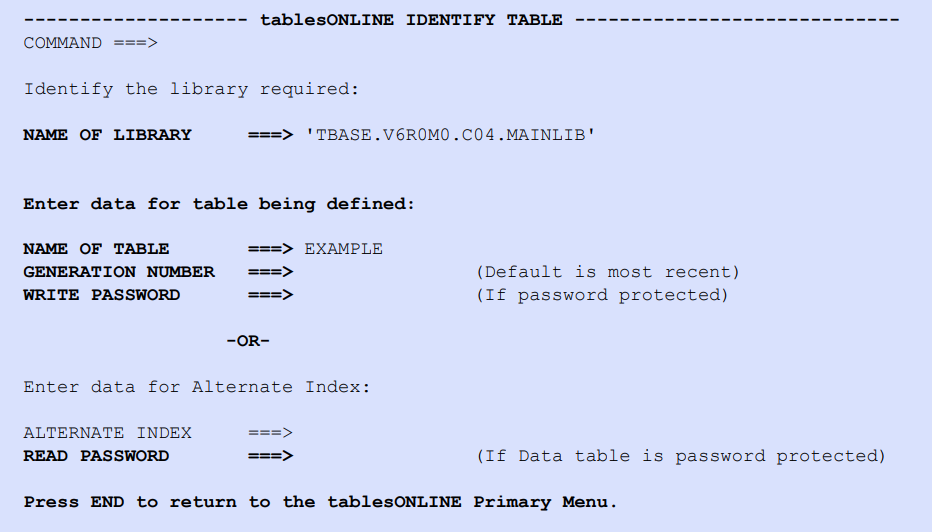 tablesONLINE IDENTIFY TABLE Screen