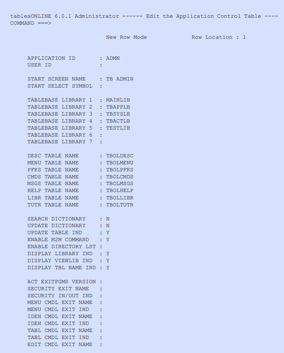 Edit Application Control table—Edit Row